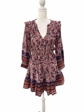 Cleobella Reign Paisley Boho Mini Dress NWT Size S Button Front Ruffle